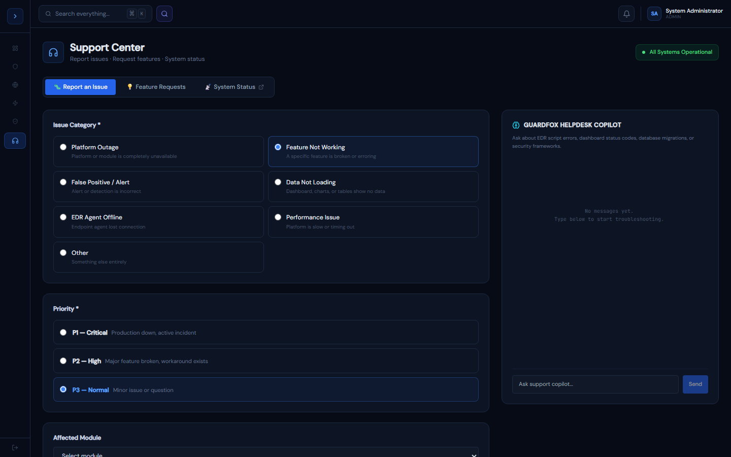 support screenshot